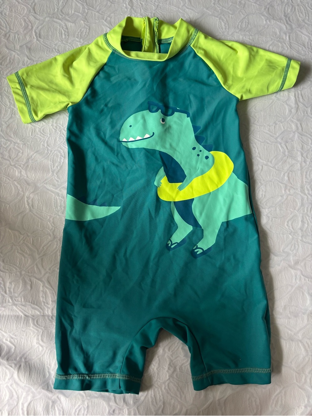 Carter's Teal & Neon Green Dinosaur One-Piece Swim Suit